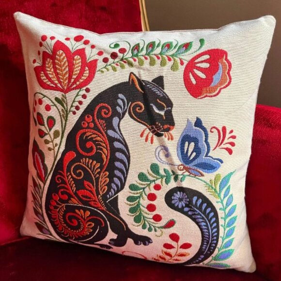 Turkish throwpillow Cover with Vibrant Boho 'Panther & Butterfly' Tapestry. - Picture 3 of 4